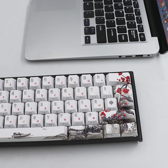 JSJT Japanese Keycaps Side-Printed Keycap Set PBT Doubleshot Shine Through Custom Keycap Cherry Profile Plum Blossom Key Caps 135 Keys for Cherry MX Switch Mechanical Keycboard