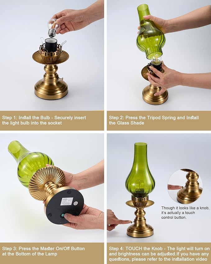 UMEXUS Vintage Small Cordless Table Lamp, Rechargeable Battery Powered | Touch Control Dimmer, Green Glass Shade & Gold Base Ambient Lighting, Home Decor for Bedroom Living Room Kitchen Nightstand