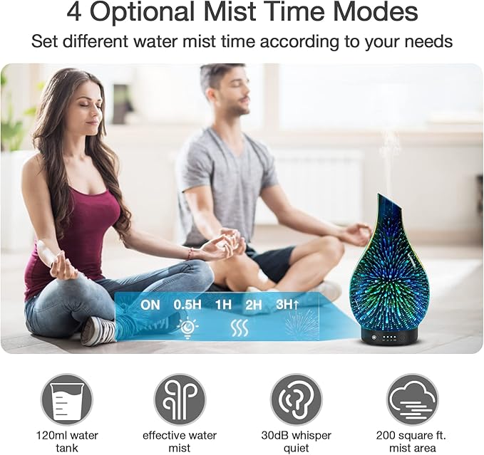 Essential Oil Diffuser Aromatherapy Diffuser - Art Glass Oil Diffuser with Auto Shut-Off Protection 4 Timer Setting 7 Colors Changed LED Night Light for Home Office Decor Gift (3D Fireworks)