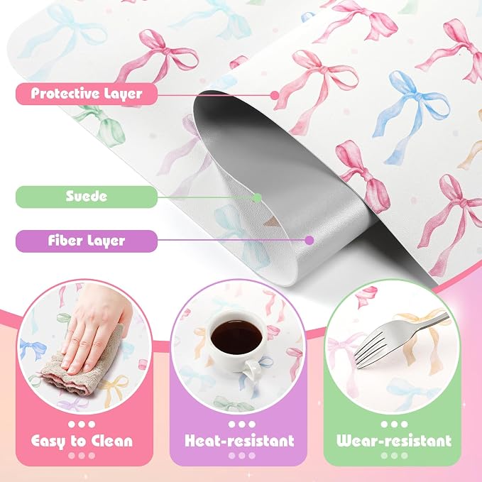 Teenyyou Coquette Bow Makeup Mat for Vanity Top Protector Back to School Gift 31.5" X15.7" Dual Side Leather Desk Mouse Pad Girly Waterproof Nonstick Dressing Vanity Cover for Women Home Office