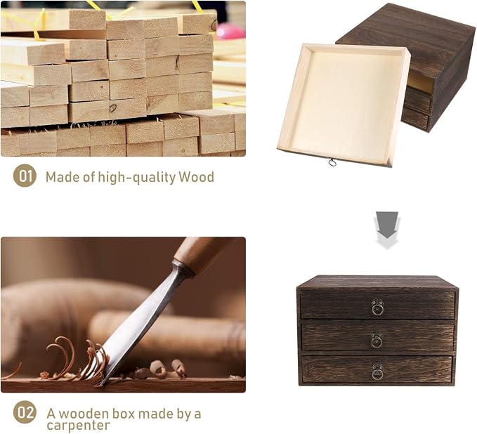 Cabilock Solid Wood Desktop Drawer Organizer Vintage Retro Desk Drawer Box with Pull Ring Counter Top for Office Supplies Home Desk Storage 10.03 X 9.64 X 6.49 Inches