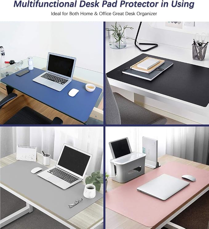 Office Desk Mats Pad Table Protector 16 X 32 Inch PU Leather Desk Blotters on Top of Desks Computer Laptop Keyboard Mouse Pad Organizer Double Side Desktop Cover Writing Mat for Girl Kids Blue/Yellow