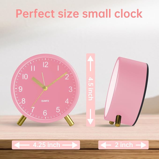 JALL Analog Alarm Clock, 4 inch Super Silent Non Ticking Small Clock with Night Light, Battery Operated, Simple Design, Easy Setting for Office, Bedroom, Bedside, Desk, Teens, Elders, Adult, Pink