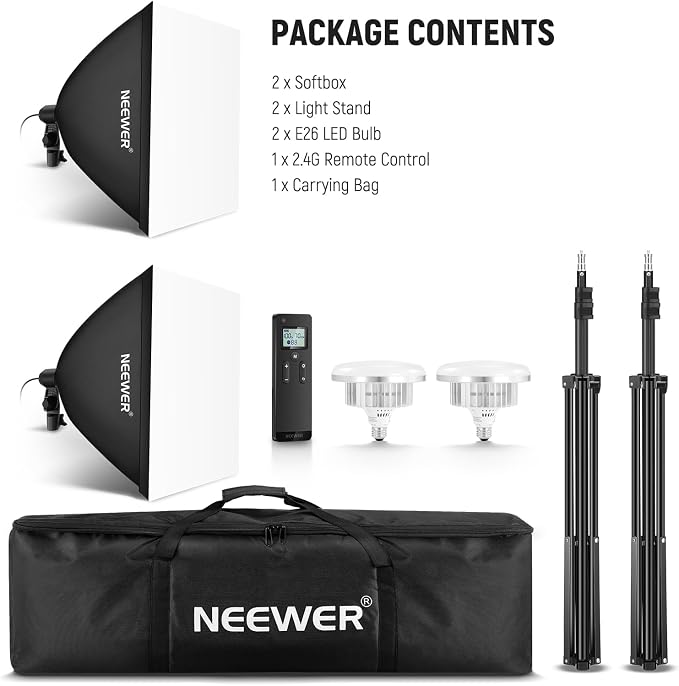NEEWER 2Pcs 24"x24" 900W Equivalent Softbox Lighting Kit with Tripod Stands, 45W Bi Color 2.4G LED Bulbs, Remote, 10 Channels 2900K-7000K 1400lx/m CRI95, Photography Continuous Lighting Kit, NK103