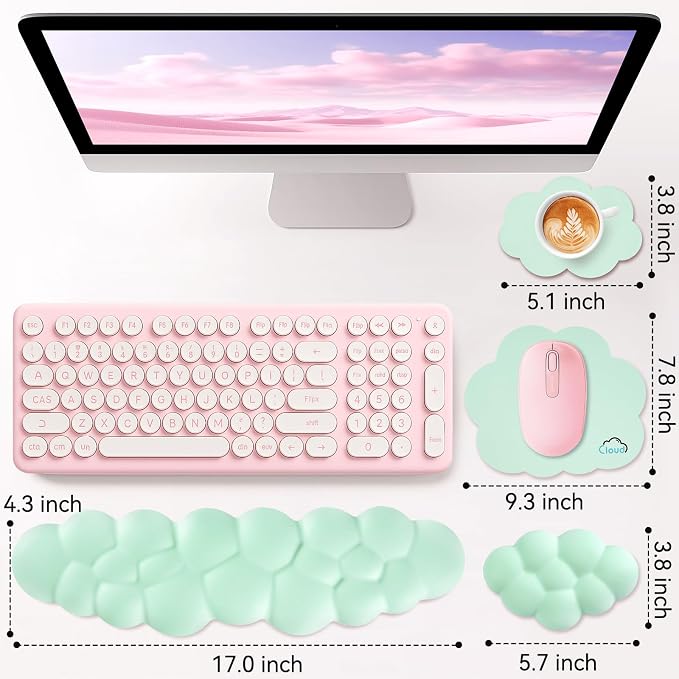 Sushret Cloud Wrist Rest for Computer Keyboard, 4-in-1 Memory Foam Leather Cloud Keyboard Wrist Rest and Mouse Pad Set with Ergonomic Support for Arm and Palm Cushion, Gaming/Work Setup, Light Green