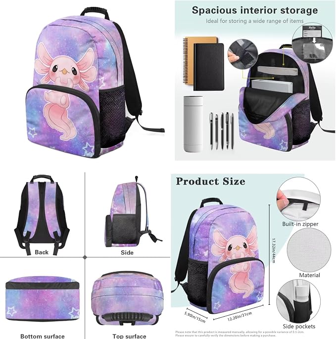 Ystardream Large Capacity Backpack for Boys Galaxy Axolotl Backpack and Lunch Box Set 4 Piece Student Back To School Book Bag with Soft Pencil Case,Water Bottle Covers for Teens Kids Daily Use