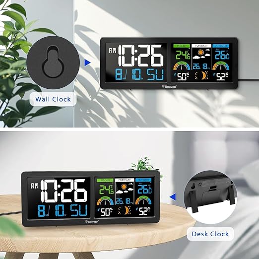 Geevon Weather Stations Wireless Indoor Outdoor Thermometer with Alarm Clock, HD Color Display Digital Temperature Humidity Monitor with Barometer, Comfort Indicator, and Adjustable Backlight