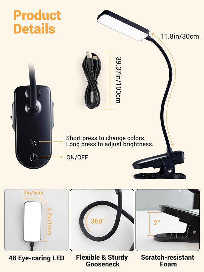 Clip on Lamp,45 Modes Dimmable LED Desk Lamp with Clamp,4000mAh Battery Rechargeable Table Lamp,450LM Cordless & Wireless Desk Light,Portable Book Reading Light,Small Desk Lamps for Home Office/Dorm