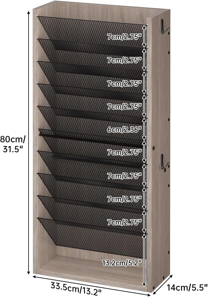 Creso hom Mail Organizer Wall Mounted, Mail Sorter with 2 Key Hooks, 11-Slot File Organizer for Wall or Desk, Wood Letter Holder Envelopes Bills Accessories for Home Office, Greige