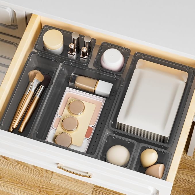 15 PCS Plastic Drawer Organizer Set, Drawer Storage Trays, Clear Black | 4-Size Acrylic Drawer Storage Trays, Storage Bins for Makeup, Gadgets, and Jewelry in Bathroom, Bedroom and Office