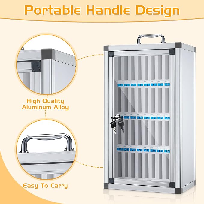 Amylove 36 Slots Cell Phone Locker Cabinet Aluminum Alloy Pocket Chart Storage Locker Box Cabinet Wall-Mounted Cell Phones Storage Box with Handle for Office Classroom Gym(White)