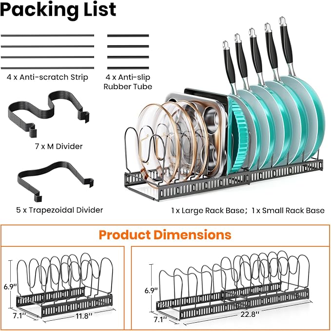 MUDEELA Expandable Pot Pan Lid Organizers inside Cabinet, 12 Divider-Black | Expandable 11.8–22.9", 12 Adjustable Divider, Tool-Free Assembly, Non-Slip, Scratch-Proof, For Pan Lid Cutting Board Bakeware