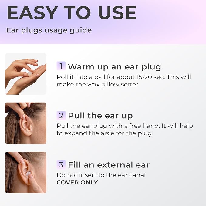 Peace&Quiet PQ Wax Ear Plugs for Sleeping, Swimming - 50 Soft Noise Cancelling Silicone Gel Wax Earplugs for Sleep and Swimmers, Ear Protection with Sound Blocking Level of 32 Db, Lavender
