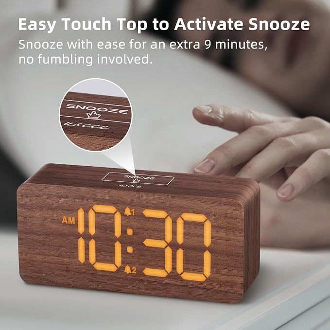 uscce Wooden Digital Alarm Clocks for Bedrooms with 0-100% Dimmable Display | Desk Clock with Large Numbers for Living Room - Loud Dual Alarm for Heavy Sleepers with Volume Control - Wood Decor & Gifts