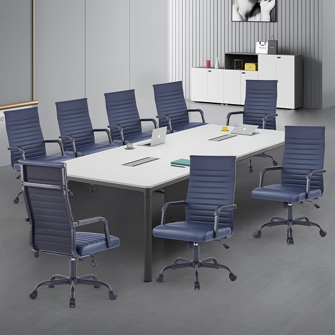 Office Chair, Ergonomic Executive Conference Room Chairs, Ribbed Leather Desk Chair with Lumbar Support, Adjustable Height Mid-Back Swivel Chair with Padded Seat