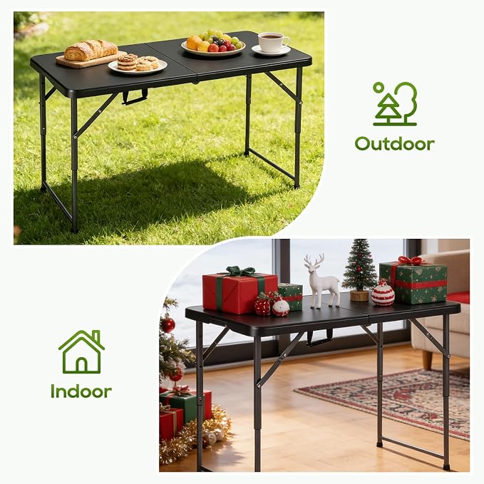 FDW 4FT Folding Table, Portable Fold-in-Half Plastic Picnic Party Table with Carrying Handle (Black, 4FT)