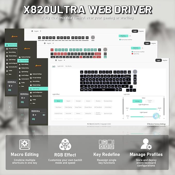 ATTACK SHARK X820Ultra Wireless Mechanical Gaming Keyboard with Screen Hot Swappable 2.4GHz/BT/Wired CNC Knob RGB Backlit Gasket Mount Side Print PBT Keycap QMK Web Driver Gift Switch-White bamboo