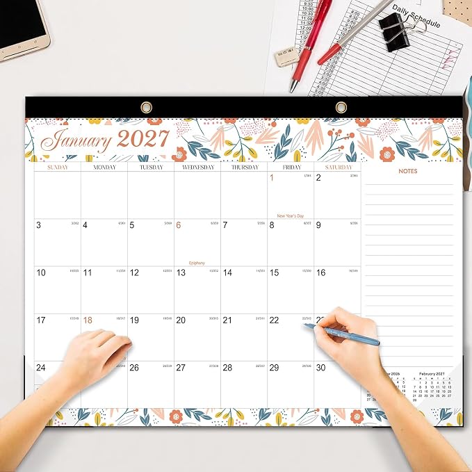 Desk Calendar 2026-2027 - 19 Month Desk Calendar july 2026-2027 Dec, 17" x 12", Large Monthly Desktop Calendar with Plastic Cover, Thick Paper, Corner Protectors - Floral (2 Stickers Included)