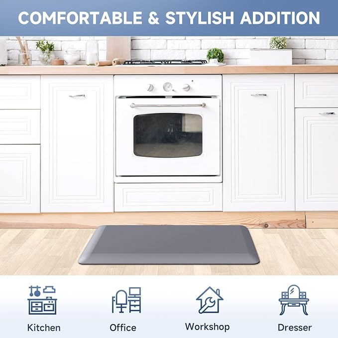StepRite 4/5 Inch Thick Kitchen Mat Anti Fatigue Mat Kitchen Rugs Kitchen Decor Non-Slip, Stain & Water Resistant, Kitchen Mats Desk Mat for Kitchen, Office, Workshop, Grey, 17'' x 28''