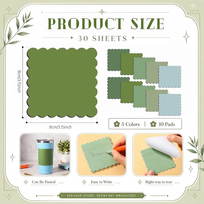 Epakh 10 Pack Scalloped Sticky Notes Bulk 3"x3" Cute Aesthetic Memo Pads 5 Gradient Colors Wavy Self Notepads for Office Study and Daily Life Organization, 300 Sheets(Green)