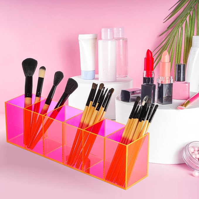 2 Pack Acrylic Makeup Brush Holder 6 Compartments Pencil Organizer Cup Pencil Holder for Desk Pen Organizer Storage Box for Accessories Cosmetic Brushes Office Bathroom Kitchen Supply (Pink)