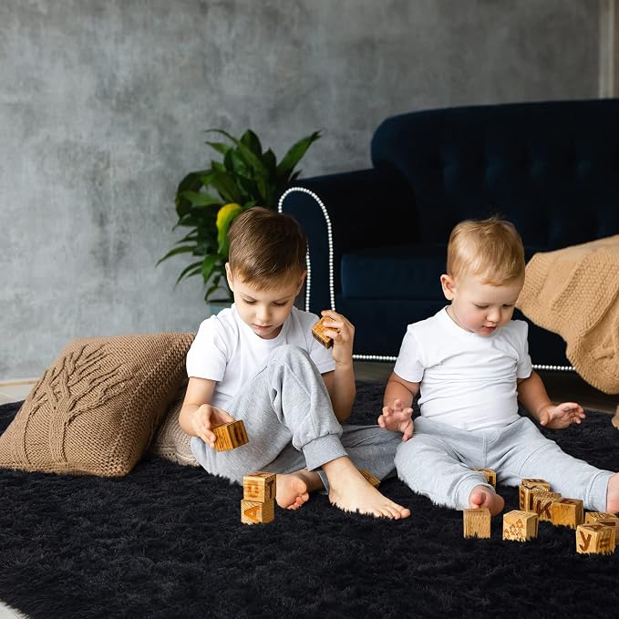 HOMORE Bedroom Rug 3x5 Black Rugs for Living Room, Luxury Fluffy Area Rugs for Indoor Entrance, Non Slip Kids Rug for Nursery Girls Boys Dorm
