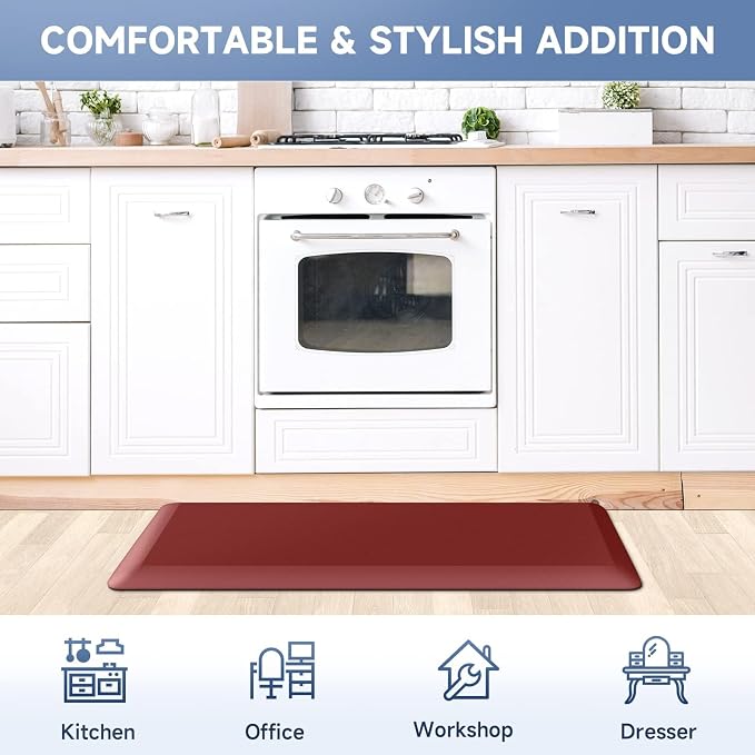 StepRite 4/5 Inch Thick Kitchen Mat Anti Fatigue Mat Kitchen Rugs Kitchen Decor Non-Slip, Stain & Water Resistant, Kitchen Mats Desk Mat for Kitchen, Office, Workshop, Red, 17'' x 39''