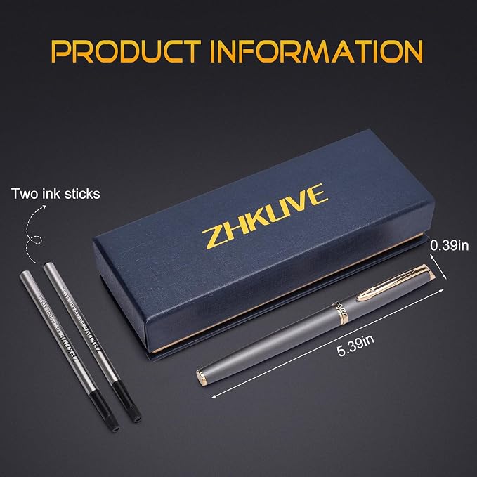 ZHKUVE Luxury Rollerball Pen, Stunning Gray Lacquer with 24K Gold Trim, Switzerland Tip with Black Ink Refills, Elegant Gift Set for Men & Women, Executive Writing