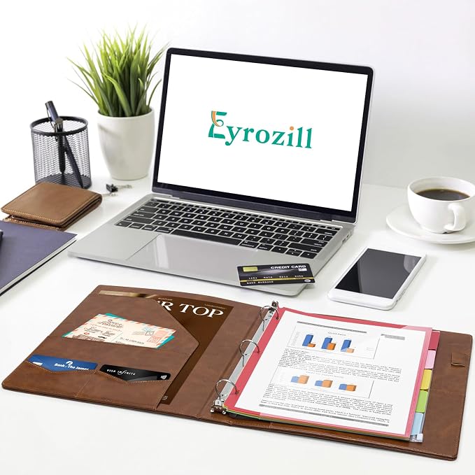 Eyrozill Professional Leather Portfolio with Clipboard, Zipper Pouch, 5 Sheets Plastic Dividers,Leather 3 Ring Binder 8.5 x 11, 1-inch Round Rings, Brown