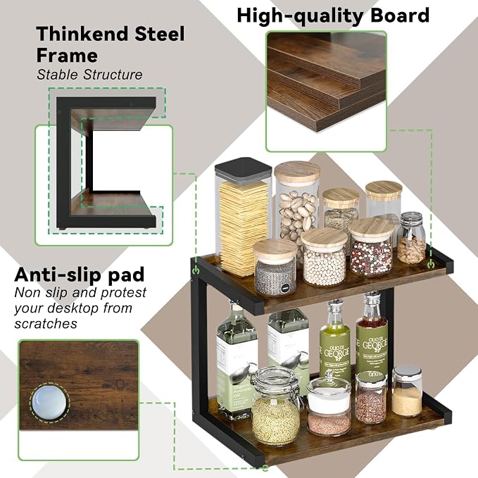 MARTY Kitchen Counter Shelf Organizer, 2 Tier Coffee Station/Bar Organizer | Spice Rack for Countertop, Mugs Cups, Desk Shelf Riser, Bathroom Counter Organizer, Wood+Metal, Rustic Brown