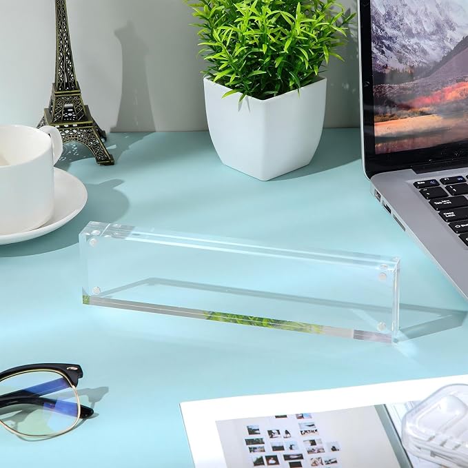Geetery 2 Pcs Acrylic Office Desk Name Plate Personalized Clear Acrylic Block Double Sided Table Name Plate Holder Business Magnet Frame DIY Desktop Holder Accessories Decor (2" x 8")