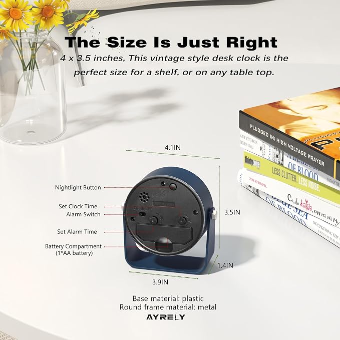 AYRELY® 3.5" Small Analog Travel Alarm Clock, Battery Operated Desk Clock | Cute Table Clock with Light, Adjustable Angle, Bedside, Bedrooms, Kids' Rooms and Living Room Decor (Navy Blue)
