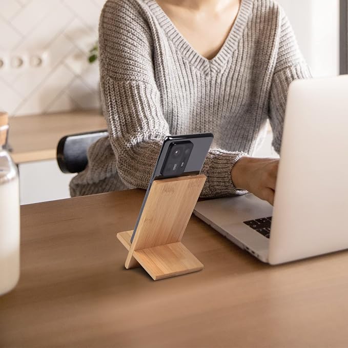 Mobile Stand Japanese Style Cellphone Holder Desktop Organizer Charging Station Compatible with All Smartphones Tablets Natural Bamboo Wood Portable Adjustable Angle (Pattern-Hole)