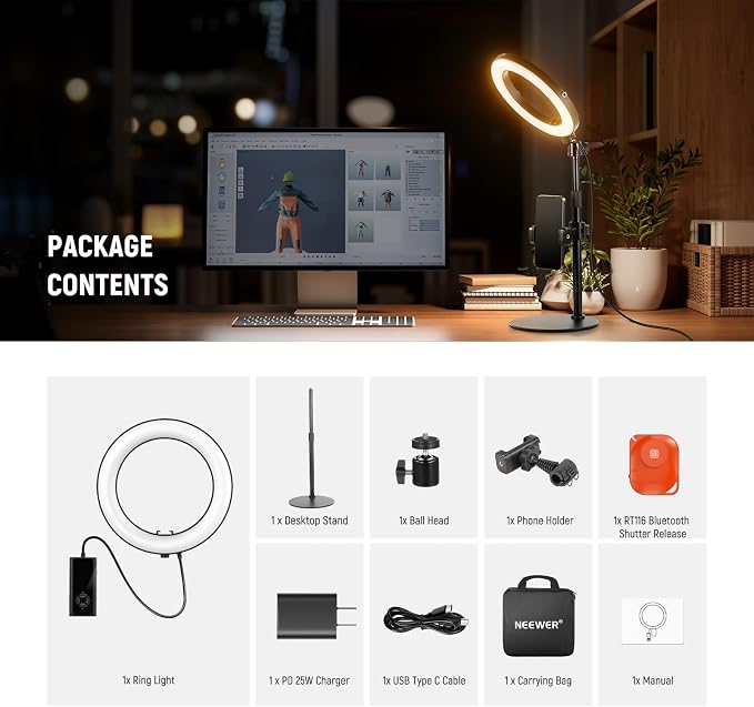 NEEWER 18W 8" Desk Ring Light with Stand, Circle Selfie Light for iPhone Streaming Makeup Video Recording, Video Conference Lighting Kit with Phone Holder for Laptop Computer Zoom Call Podcast, RH8B