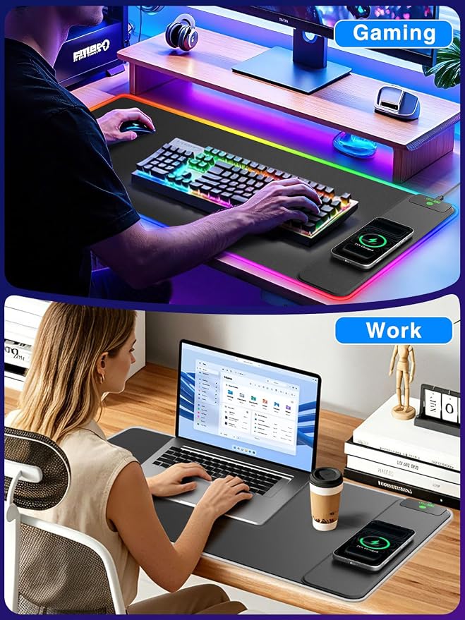XXL RGB Gaming Mouse Pad with 15W Magnetic Wireless Charger | 31.5'' x 15.8'' Extra Large LED Desk Mat, 24 Light Effects, Non-Slip Rubber Base, Waterproof Easy Gliding Surface