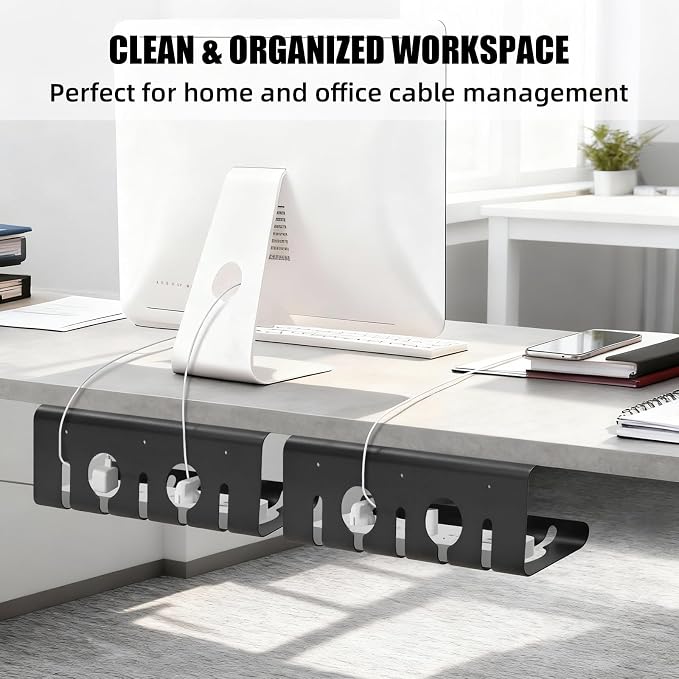 Large Metal Under Desk Cable Management Tray, 16.5"L x 4.7"W x 6.8"H, 2 Pack Under Desk Cable Tray, Wire Organizer for Power Strip, Tape Mount or Screw Mount, Easy Install Cord Raceway for Desk & Home