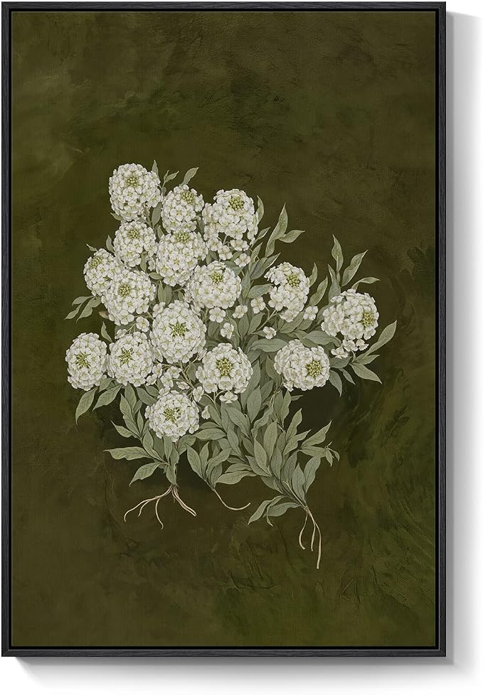 Large Framed Vintage Green Floral Wall Art, Vertical Modern Farmhouse Nature Olive Green Flower Canvas Painting Prints Artwork for Works, Retro Botanical for Living Room Bedroom Wall Decor, 24x36 In
