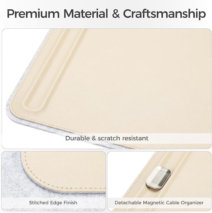 Desk Mat – Double-Sided Vegan Leather & Felt | Built-In Magnetic Cable Organizer & File Storage | Premium Workspace Pad for Office, Gaming & Creative Professionals-(Beige)