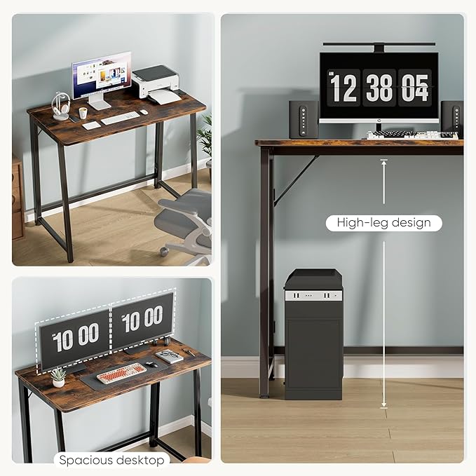 DUMOS 31.5 Inch Folding Desk, Foldable Computer Table for Small Spaces, Metal Frame Gaming Writing Work Station, Mini Home Office Surface, Rustic Brown