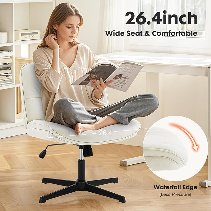 Sweetcrispy Armless-Office Desk Chair Without Wheels, Cross Legged Wide Chair, PU Leather Comfortable Adjustable Swivel Computer Task Chairs for Home,Office,Make Up,Small Space,Bed Room Light Beige