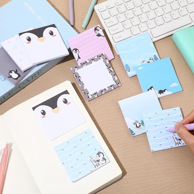 9 Pads Cute Sticky Notes Cartoon Self Stick Notepads 3x3 Inches Notes Adhesive Memo Pad Office Decor Gifts for Students School Teacher Office Meeting(Penguin)