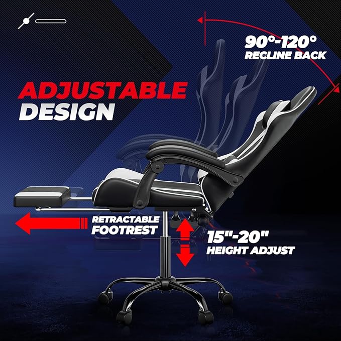 Auto Dynasty Ergonomic Gaming Chair, High-Back Office Chair w/Adjustable Lumbar Support, Linkage Armrest, Headrest & Footrest, 350LBS Recliner Swivel Computer Game Racing Chair, White/Black