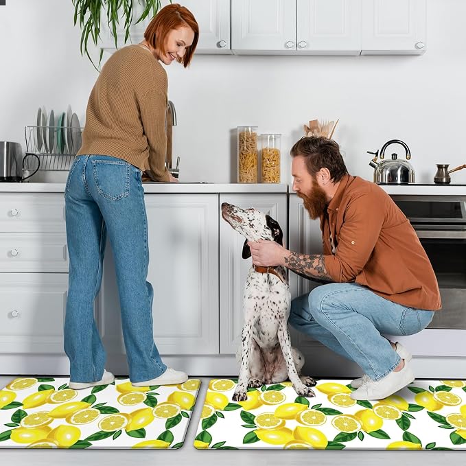 MAYHMYO Lemon Kitchen Decor Mat Set, 2PC Kitchen Mats, Anti Fatigue | Lemon Pattern,Lemon decor,Yellow docor,Cushioned comfort,Non-slip backing,Easy to clean,Water-resistant,Kitchen,Laundry