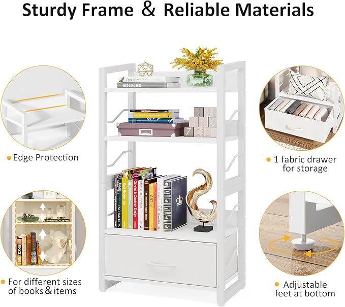 Hosfais Small Bookshelf with Drawer - 4-Tier Wood Book Shelf Industrial Narrow Bookcase Storage Organizer Metal Stackable Shelves for Desktop Bedroom Living Room Home Office (White)