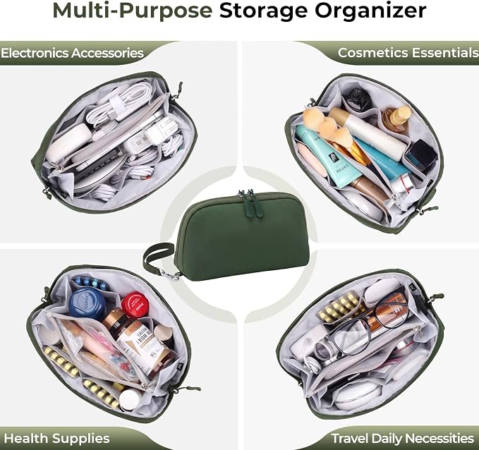 FYY Travel Cable Organizer - 8 Compartments Lightweight Water Resistant Tech Pouch with Wrist Strap, Portable Electronic Accessories Case for Cord Charger Storage for Travel Home Office Green (Large)