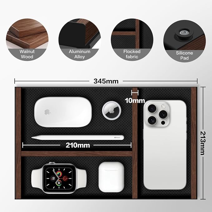 Valet Tray For Men With Magnetic Wooden Strip*2,Can Freely Adjustable Space | Metal And Walnut Desk Pen/Key/Drawer Organizer Tray Nightstand Tray Organizer Decor For Wallet,Watch,Phone,Men's Gift