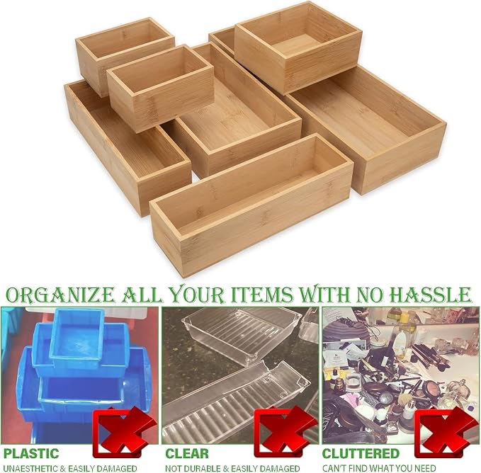 LEIMO KPARTS 8 Pcs Bamboo drawer Organizer Storage Box, Bin Set - Multi-Use bamboo Drawer Organizer Storage boxes for Kitchen Utensils, Bathroom, Office Desk, Makeup(8 Boxes)