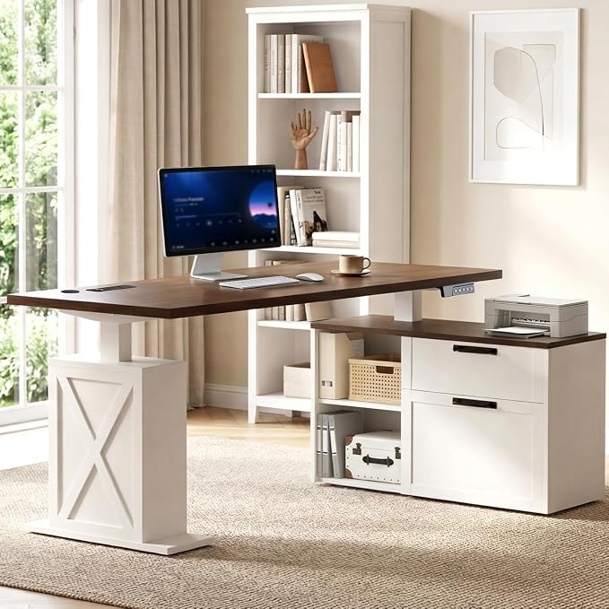 67" L Shaped Standing Desk with Drawers, Electric Height Adjustable Corner Desk, Sit Stand Office Desk with 4 AC Outlets & Type C Port, Executive Computer Desk with Cabinet, Brown & White