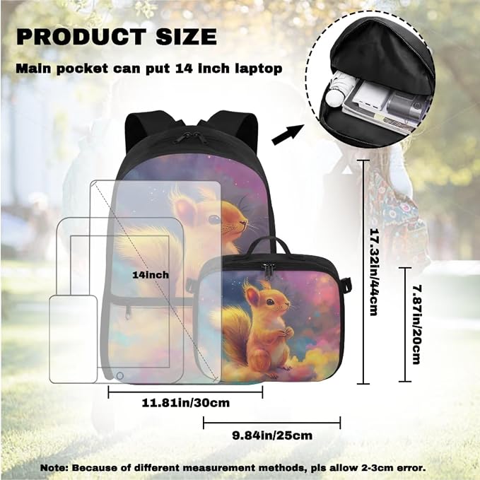 Doojoayie Elementary School Backpack for Girls Squirrel Bookbag with Lunch Box Kawaii Kids Backpack Ages 7-8 Girls School Supplies for Primary 1st Grade Schoolbag Traval Back Pack