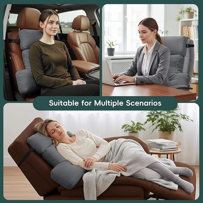 2-Piece Neck Pillow Lumbar Support Cushion for Recliner, Ergonomic High-Density Foam Backrest with Adjustable Headrest, Soft Comfy Back Support for Office Chair, Sofa, Couch, Pain Relief, Gray